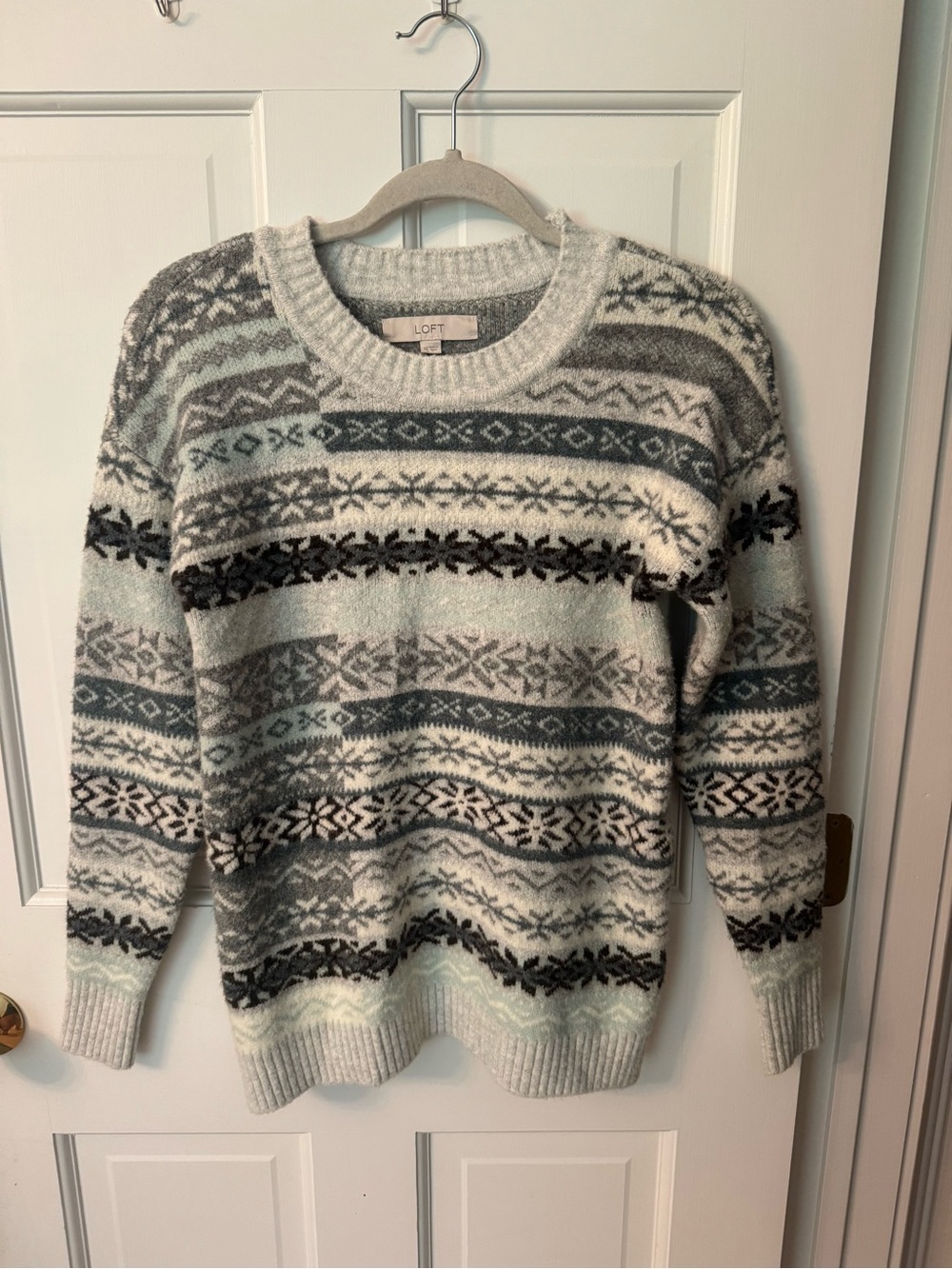 LOFT Fair Isle Crewneck Sweater in Gray and Mint Green